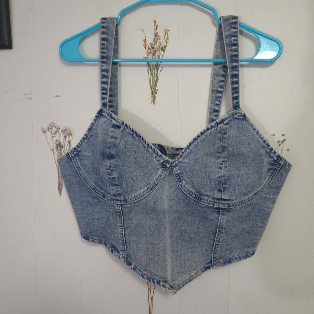SHEIN Women Sweetheart Neck Asymmetric Hem Sleeveless Denim Crop Top 1XL